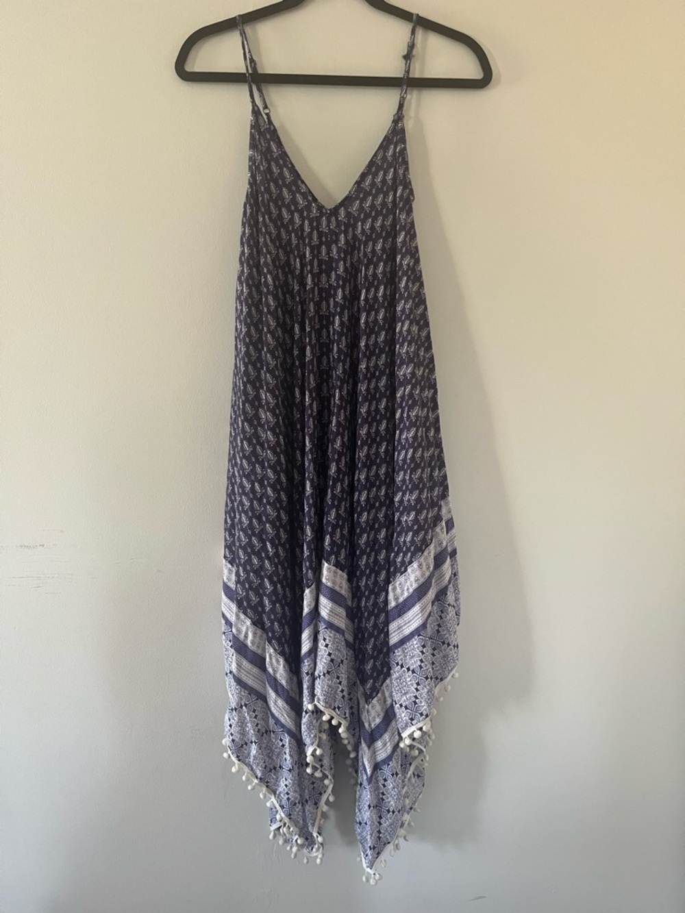 Boho beach cover up dress Medium blue asymmetrical hem pop pop trim flowy summer